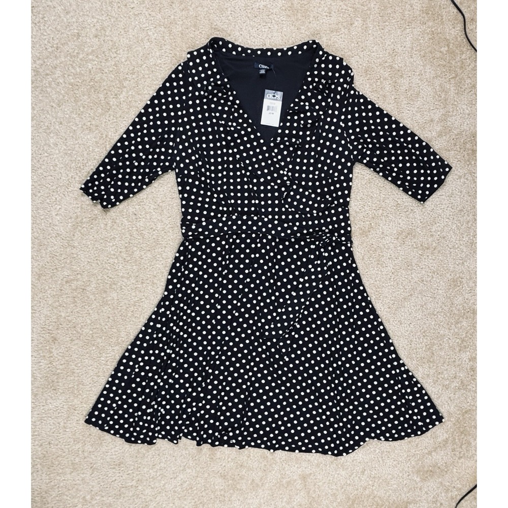 Chaps 20W Women's Black Polka Dot Faux Wrap Ruffle Neck Sleeveless Midi Dress